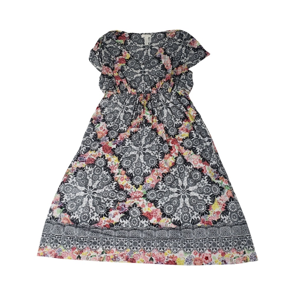 Soma Womens Floral Lace Mandala Print V-Neck Empire Waist Dress Small Multicolor